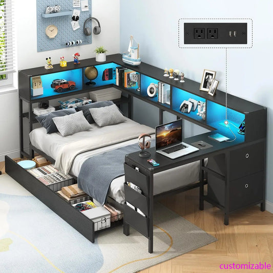 XMSJ Twin Corner Bed With Desk Storage And Charging Station