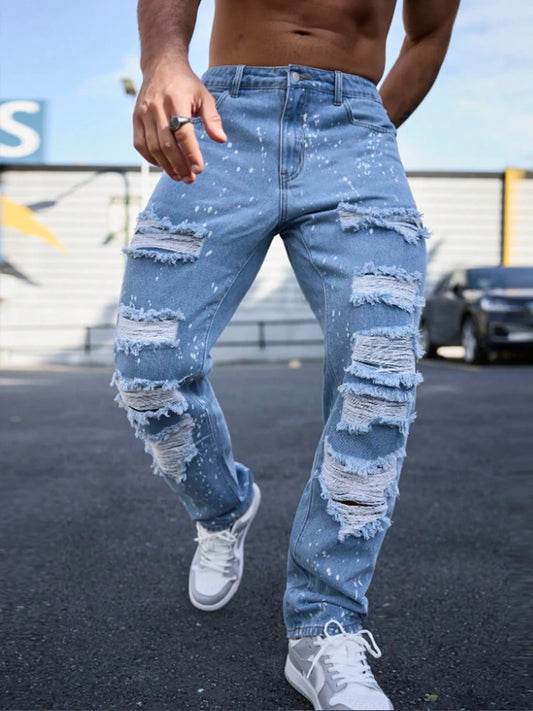 Men's Ink-Splattered Ripped Jeans, Street-Style Hip-Hop Pants