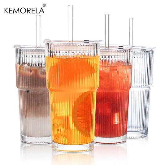 KEMORELA Ribbed Glass Tumblers With Lids And Straws