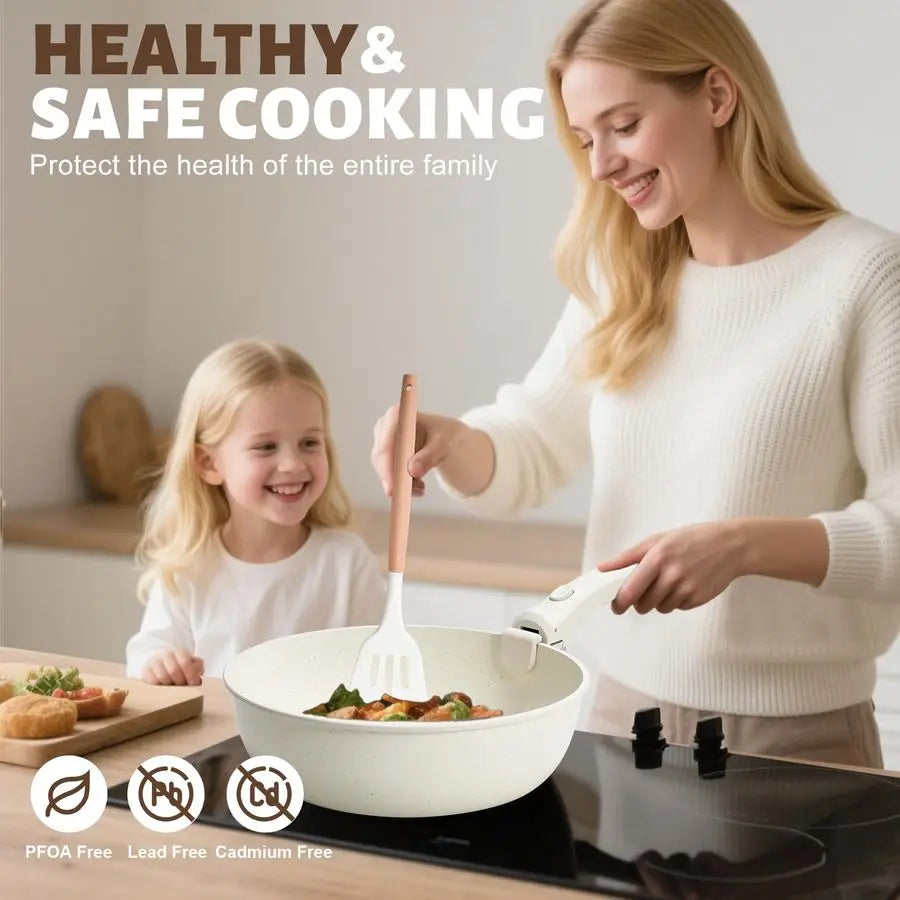 Nonstick Ceramic Pots and Pans Set With Detachable Handles Stackable