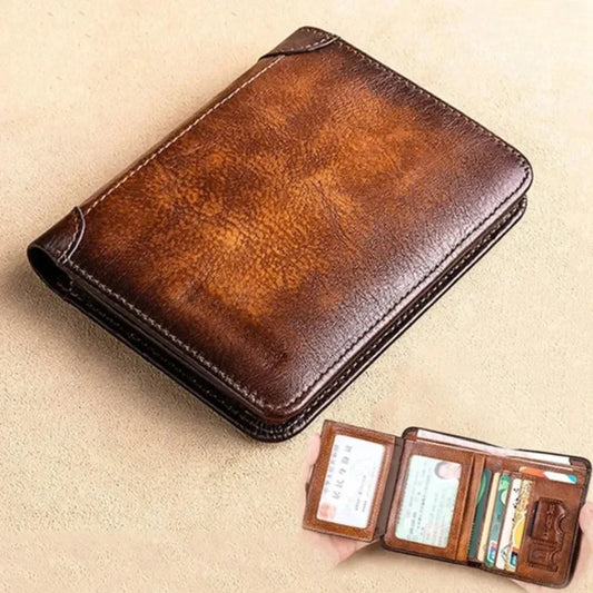 NONECN RFID Blocking Leather Men's Trifold Wallet With ID Window
