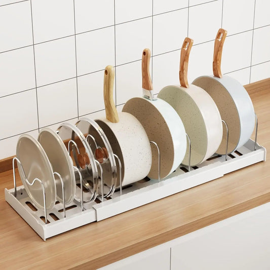 Expandable Pot And Pan Organizer With Adjustable Dividers Under Cabinet