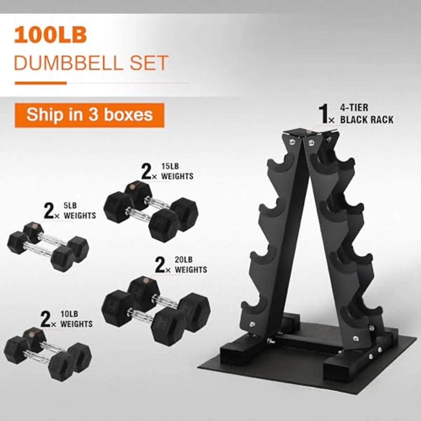 Dumbbell Set With Storage Rack Rubber Coated Hex Weights Anti Slip Grip