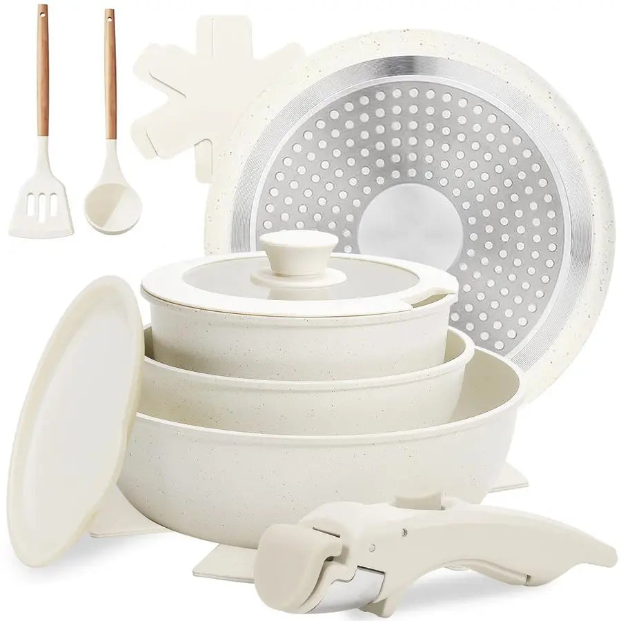 Nonstick Ceramic Pots and Pans Set With Detachable Handles Stackable