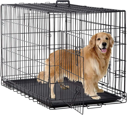 BestPet Dog Crate Foldable Metal Kennel With Double Doors Leakproof Tray