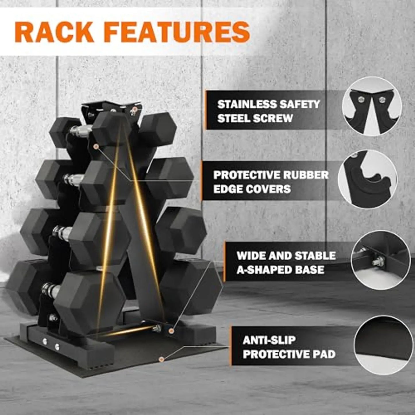 Dumbbell Set With Storage Rack Rubber Coated Hex Weights Anti Slip Grip