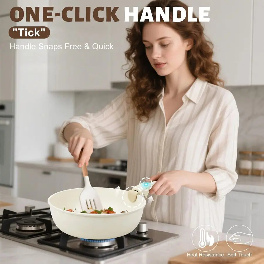 Nonstick Ceramic Pots and Pans Set With Detachable Handles Stackable