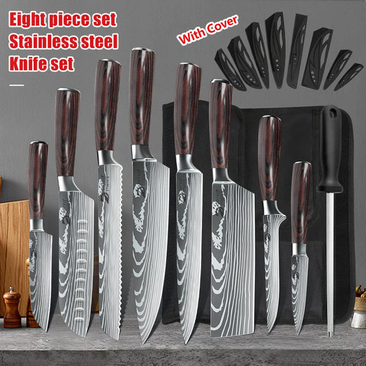 Kitchen Knife Set Stainless Steel Chef Santoku Cleaver Nylon Bag